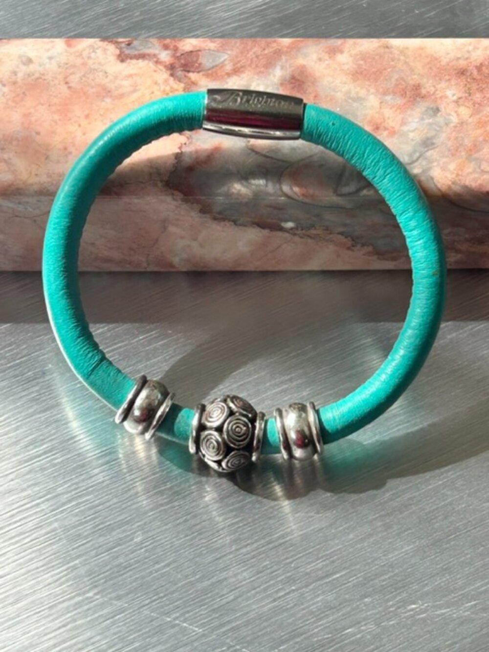 Brighton leather bracelet in teal blue with decorative beads